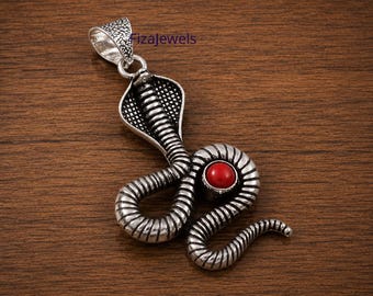 Red Coral Gemstone Snake Pendant | 925 Sterling Silver Serpent Necklace | Gothic Boho Jewelry Gift