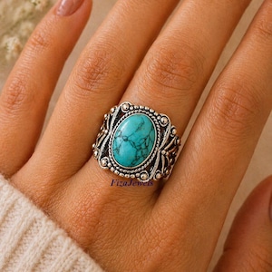 Natuurlijke ovale turkoois ring: 925 sterlingzilveren statement-sieraden