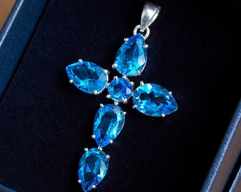 Swiss Blue Topaz Cross Pendant: Sterling Silver Gemstone Necklace