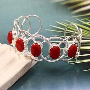 Red Coral Oval Shape Bracelet, 925 Sterling Silver Coral Gemstone Bracelet, Handmade Silver Cuff Bracelet, Minimalist Bracelet For Gift