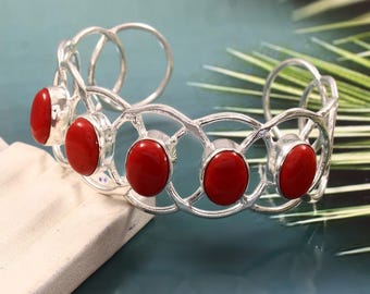 Red Coral Sterling Silver Cuff Bracelet: Handmade Gemstone Jewelry
