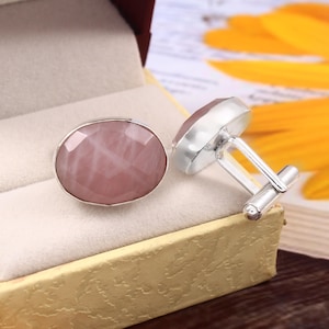 Handmade Rose Quartz Cufflinks: Oval Sterling Silver Gemstone