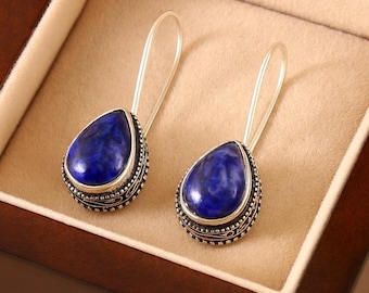 Pendientes colgantes de lapislázuli y plata de ley: joyería bohemia hecha a mano