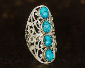 Handmade Turquoise Ring: Sterling Silver 4-Stone Oval Design