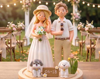 Custom Polymer Clay Couple Figurine, Personalized Wedding Ornament, Wood Base Keepsake