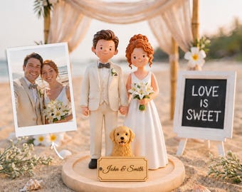 Personalisierter Hochzeitstorte Topper, handgefertigte Polymer Clay Paar Figur mit Haustier