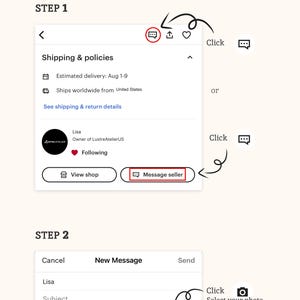 May include: A guide titled "HOW TO SEND IMAGE" with steps to message a seller on a platform. Step 1 shows how to click the message icon or the "Message seller" button. Step 2 shows how to select a photo to send.