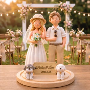 May include: A wedding cake topper featuring a figurine of a person in a white dress with a straw hat and veil holding a bouquet, and a person in a white shirt and tan pants. Two small dog figurines and a wooden sign reading Pmdan & Luna 2026.6.28.