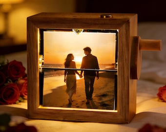 Personalized Wooden Flip Photo Box, Hand-Crank Animation Frame, Custom Engraving, Anniversary Gift