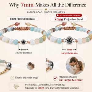 May include: A comparison image of two beaded bracelets. The left bracelet has 5mm beads, and the right bracelet has 7mm beads. Text reads "Why 7mm Makes All the Difference." The image highlights the larger bead size and clearer projection image of the 7mm bracelet.