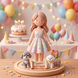 Puede incluir: Adorno para tarta de cumpleaños con una niña con un vestido pastel, flanqueada por dos figuras de perros y una pancarta que dice "Feliz Cumpleaños". La escena incluye globos, regalos y una tarta con velas encendidas.