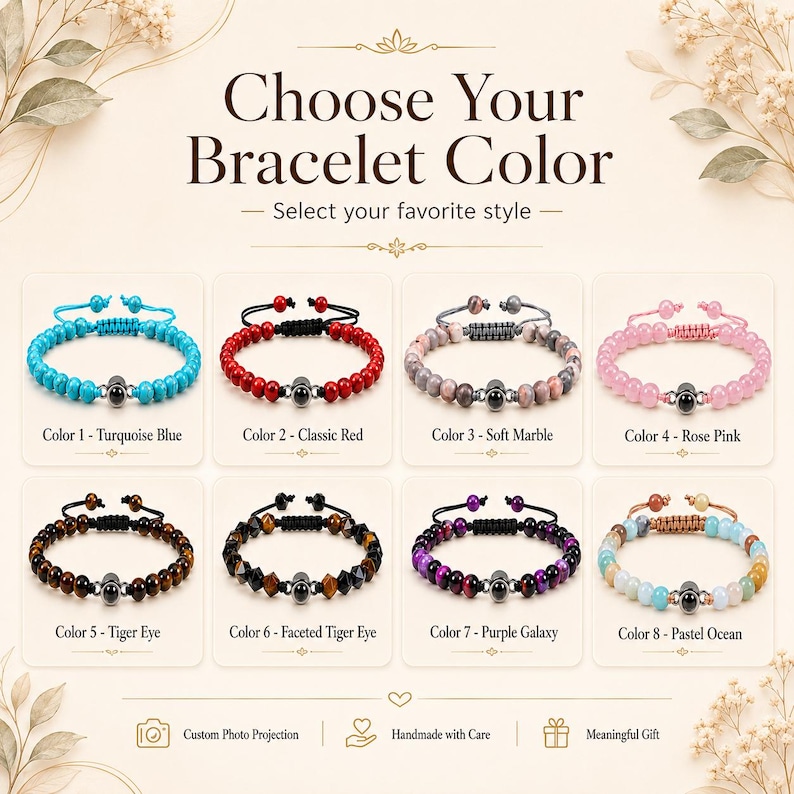 May include: An image showcasing eight different beaded bracelets in various colors, including turquoise, red, soft marble, rose pink, tiger eye, faceted tiger eye, purple galaxy, and pastel ocean. The text reads "Choose Your Bracelet Color".