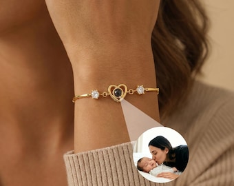 Custom Photo Projection Bracelet, Heart Pendant Memory Jewelry, Personalized Keepsake Gift