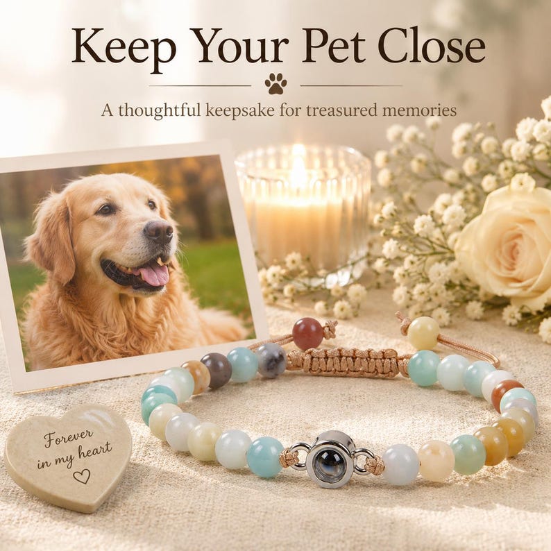 May include: A beaded bracelet with a silver charm, a heart-shaped keepsake, and a photo of a golden retriever. The text reads "Keep Your Pet Close" and "Forever in my heart". The bracelet features various colored beads.