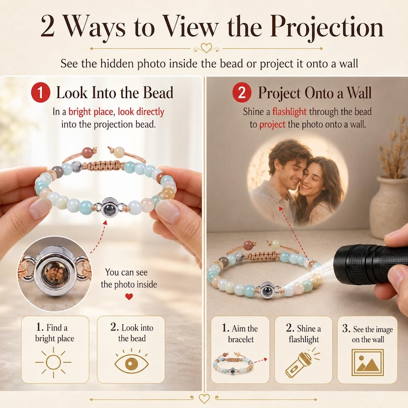 May include: A beaded bracelet with a hidden photo projection feature. The image shows two ways to view the photo: looking into the bead or projecting it onto a wall with a flashlight. The bracelet has light blue, brown, and white beads.