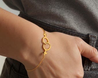 Lesbian Pride Jewelry: Gold/Silver Dainty Double Venus Symbol necklace and Bracelet