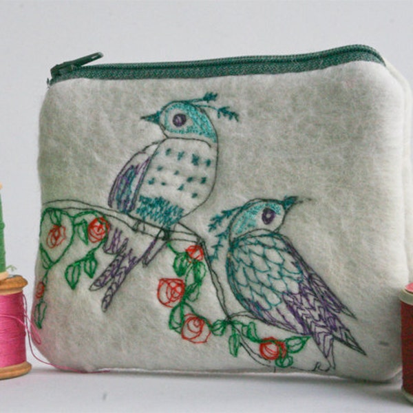 Embroidered Felt Change Purse Wallet with Bird Design