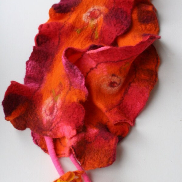 Felted Scarf with Felted Flower Tassels - Pinks, purples,reds,oranges and yellow