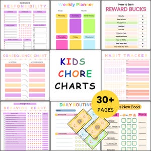 Pacchetto di tabelle modificabili per le faccende domestiche dei bambini / Tabella delle responsabilità stampabile, tabella delle ricompense, faccende settimanali, routine giornaliera, monitoraggio delle paghe e dei comportamenti