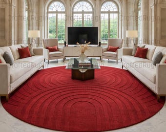 Roter runder Teppich | Moderner konzentrischer Kreis Teppich | Minimalistisch