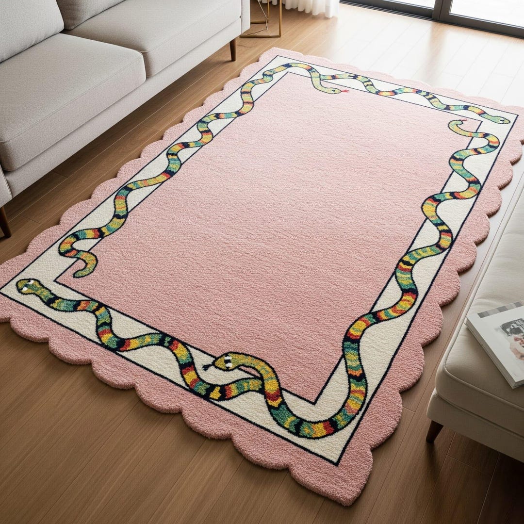 Pink off White Scallop Border Hand Tufted Colorful Snake Design Wool ...