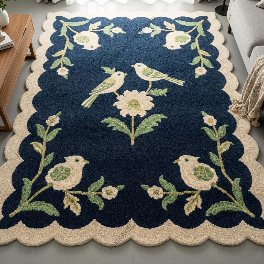 Blue Floral Hand Tufted Rugs, off White Scalloped Border Wool Area Rug ...