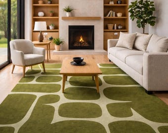 Handmade Olive Green Abstract Rug, Modern Geometric Design