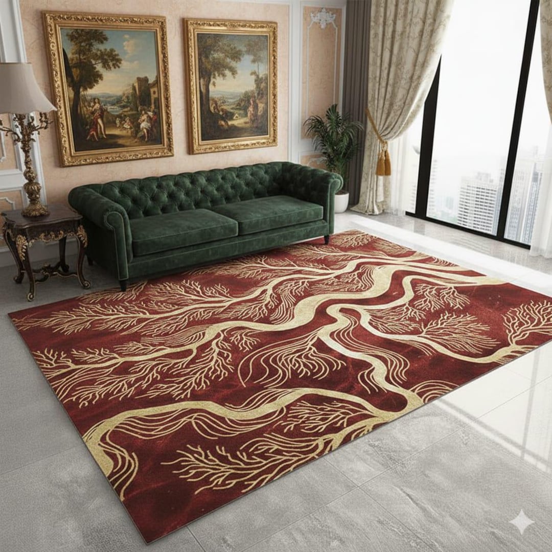 Modern Burgundy/ Gold Abstract Tree Root Area Rug | Hand-tufted Organic ...