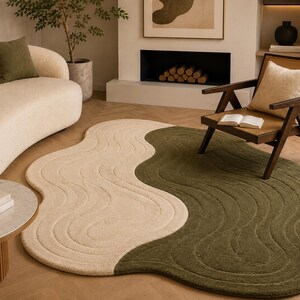 Organic Wave Hand Tufted Wool Rug, Olive Green Cream Area Rug, Irregular Shape Carpet, Modern Living Room Bedroom Rug