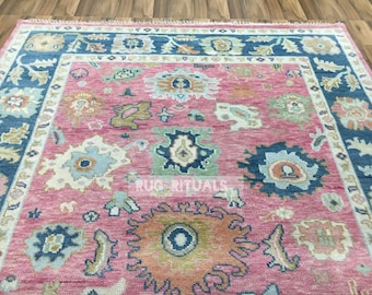 Roze blauw wollen tapijt slaapkamer interieur Turks tapijt voor woonkamer Oushak-tapijt 8 x 10 traditionele tapijt in Turkse stijl roze bloemen Oushak-tapijt