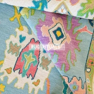 Title - Blue Oushak Rug 10x14 ft Hand-Knotted Wool Carpet Turkish Oushak Rug with border Hand-knotted Blue Multicolored Oushak Rug 12x15