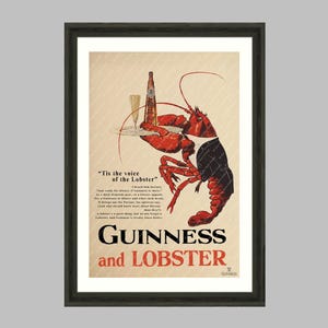 May include: Framed wall art featuring a vintage advertisement. A red lobster holds a tray with a Guinness bottle and a glass. The text reads "Guinness and Lobster" and "The Wall Art Parlour Collection."