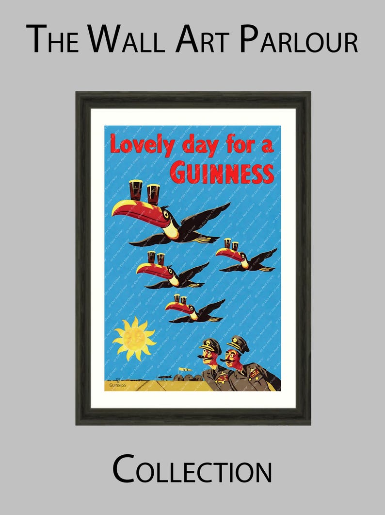 May include: Framed wall art print featuring a vintage Guinness advertisement. The image shows toucans carrying pints of Guinness, with the text "Lovely day for a Guinness." The sun and two men in uniform are also depicted.