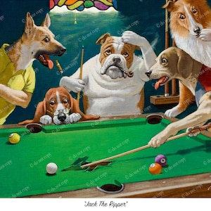 Puede incluir: Una pintura humorística muestra perros jugando al billar. Un pastor alemán con una camisa amarilla apunta con un taco, mientras que un bulldog reflexiona con un cigarro. Un basset hound lleva gafas y un collie observa. La mesa de billar verde tiene bolas y un taco.