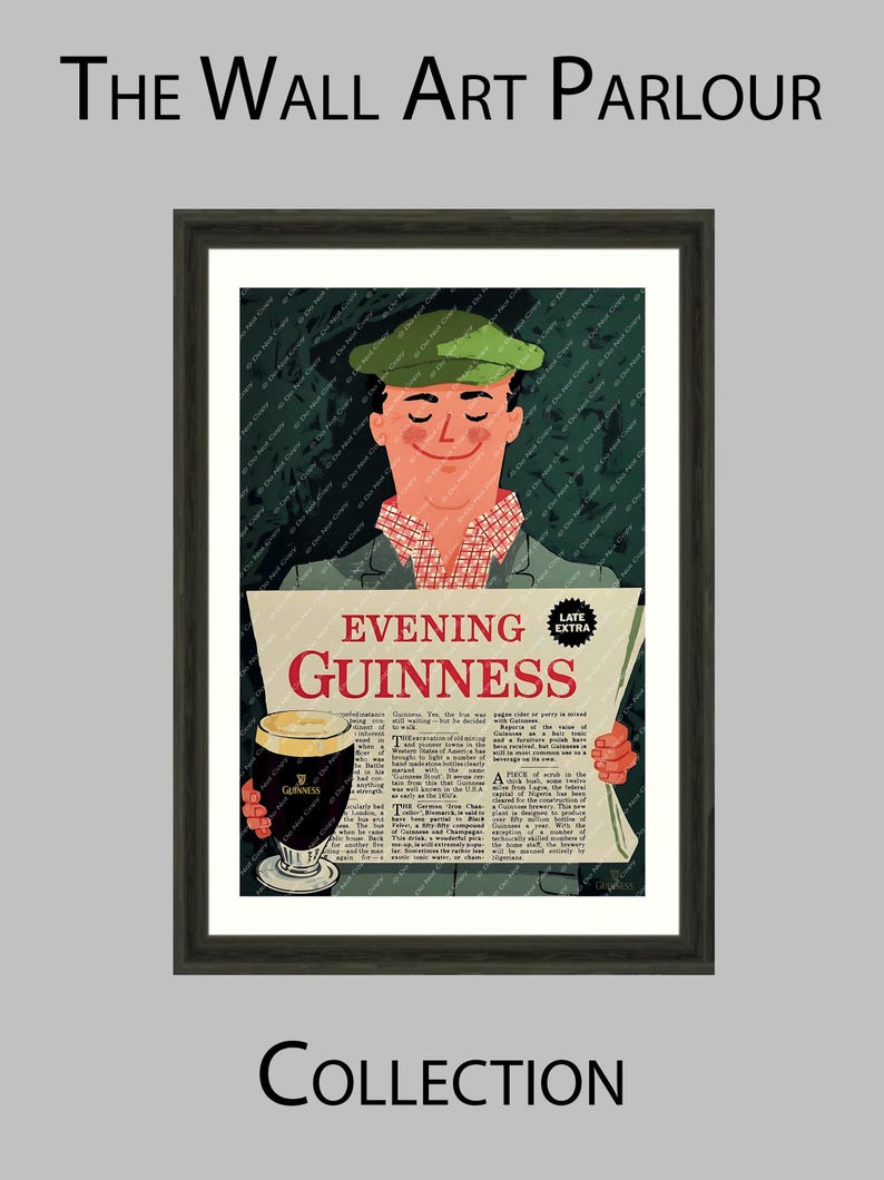 May include: Framed vintage advertisement print for Guinness stout. The artwork features a smiling person in a green cap holding a newspaper with the headline "Evening Guinness" and a pint of the dark stout. The print is part of a collection.