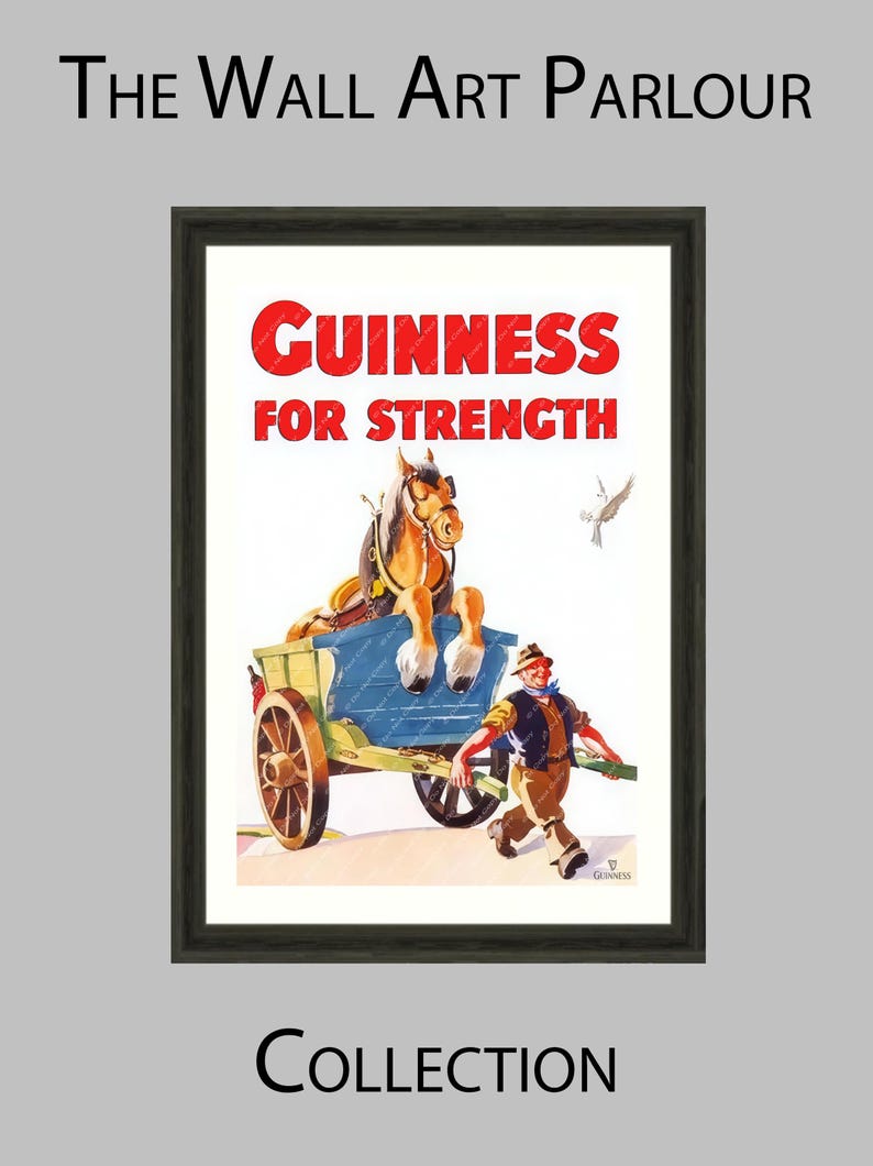 K&ouml;nnte beinhalten: Gerahmtes Vintage Guinness-Poster. Das Bild zeigt einen pferdegezogenen Wagen mit dem Text "GUINNESS FOR STRENGTH" in Rot. Ein Mann rennt neben dem Wagen. Teil der The Wall Art Parlour Collection.