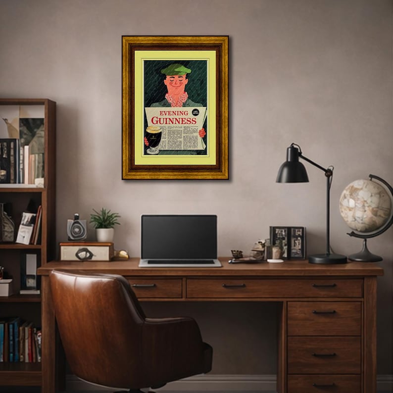 May include: A framed vintage advertisement for Guinness stout. The artwork depicts a person in a green hat and scarf reading a newspaper with a pint of Guinness. The text "Evening Guinness" is prominently displayed.