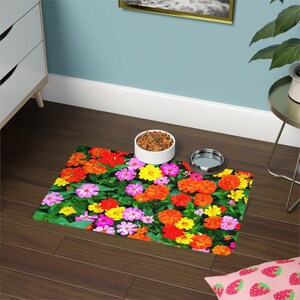 Floral Pet Food Mat - Vibrant Flower Design, Dog Feeding Station, Cat Food Pad, Kitchen Decor, Pet Accessories