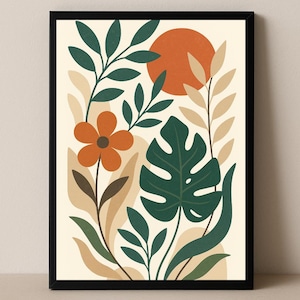Boho botanische kunst aan de muur | Plantenprint | Minimalistische poster met planten en bladeren | Neutraal modern interieur | Digitale download