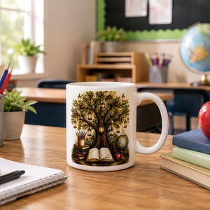 May include: A white ceramic mug featuring a detailed illustration of a large tree with hanging lanterns, a stack of books, a globe, and an open book at its base. The mug is positioned on a wooden surface, showcasing a colorful, intricate design.