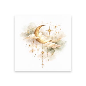 May include: Watercolor illustration of a crescent moon and stars in gold against a backdrop of clouds. The celestial design features hanging star and diamond-shaped charms, creating a dreamy, celestial theme.