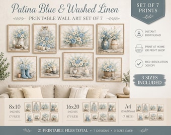 Blue Floral Wall Art Set, Cottagecore Farmhouse Prints, Patina Blue Artwork (Digital Download)