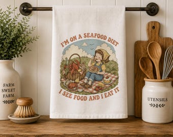 Funny Seafood Kitchen Towel, Coastal Farmhouse Dish Towel, Vintage Lobster Kitchen Decor, Cottagecore Tea Towel, Funny Seafood Gift