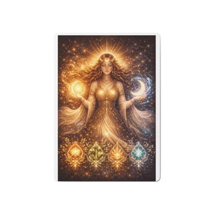 Puede incluir: Impresión artística digital que representa a una mujer celestial con un vestido dorado, sosteniendo un sol y una luna brillantes. La obra de arte tiene un fondo estrellado e incluye elementos decorativos en forma de hojas. El tema general es místico y espiritual.