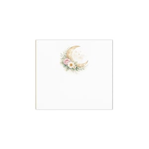 May include: A square, white card featuring a watercolor illustration of a crescent moon. The moon is gold with small stars and is surrounded by pink and white flowers and green leaves. The card has a gold border.