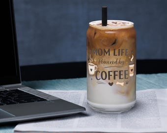 Mom Life Powered by Coffee Glass Can, Iced Coffee Cup with Lid and Straw, Cute Mom Gift, Funny Coffee Lover Gift, 16 oz Glass Tumbler