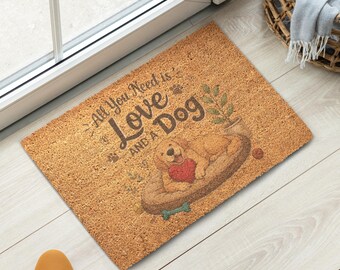 Deurmat hondenliefhebber, alles wat je nodig hebt is liefde en een hond welkomstmat, grappige welkomstmat hond, cadeau huisdier, housewarmingcadeau, schattige hond entreekleed