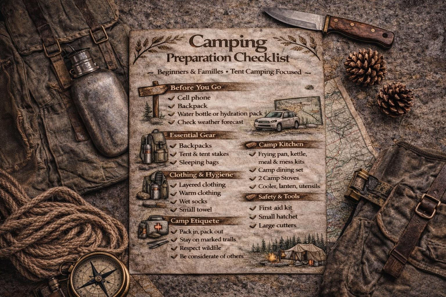 Camping Preparation Checklist Printable | Beginner Tent Camping Gear