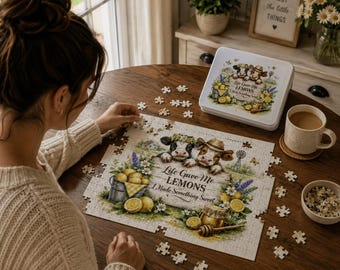 Life Gave Me Lemons Puzzle, Farmhouse Cow Jigsaw Puzzle with Tin, Lemon Kitchen Decor, Bee Puzzle, Rustic Gift, Country Home Gift