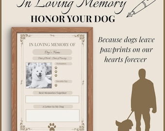 Certificato commemorativo per cane: ricordo per la perdita dell'animale domestico (PDF modificabile scaricabile in formato A4/US Letter)